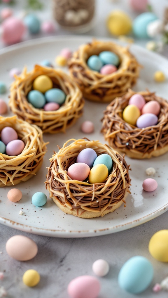 Decorative nest-shaped cookies filled with colorful candy eggs