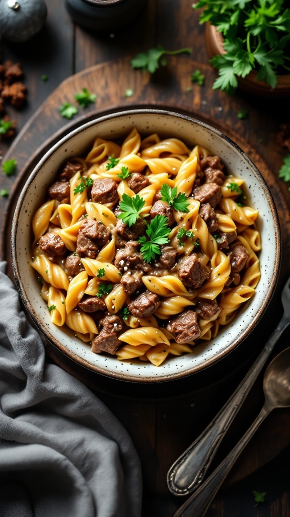 A bowl of creamy beef stroganoff pasta garnished with parsley.