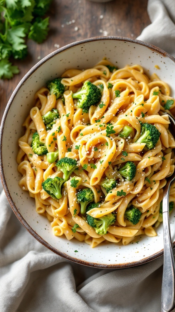 A bowl of creamy broccoli cheddar pasta