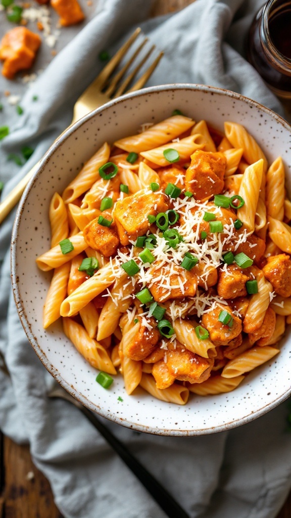 A bowl of buffalo chicken pasta topped with green onions and cheese.