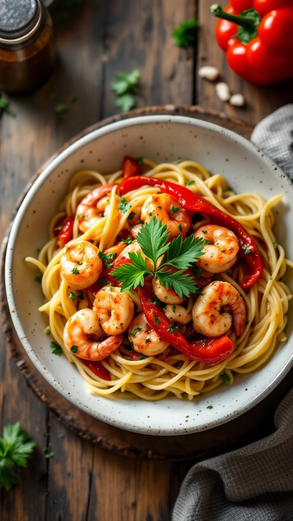 A bowl of Cajun shrimp pasta topped with fresh parsley and red peppers.