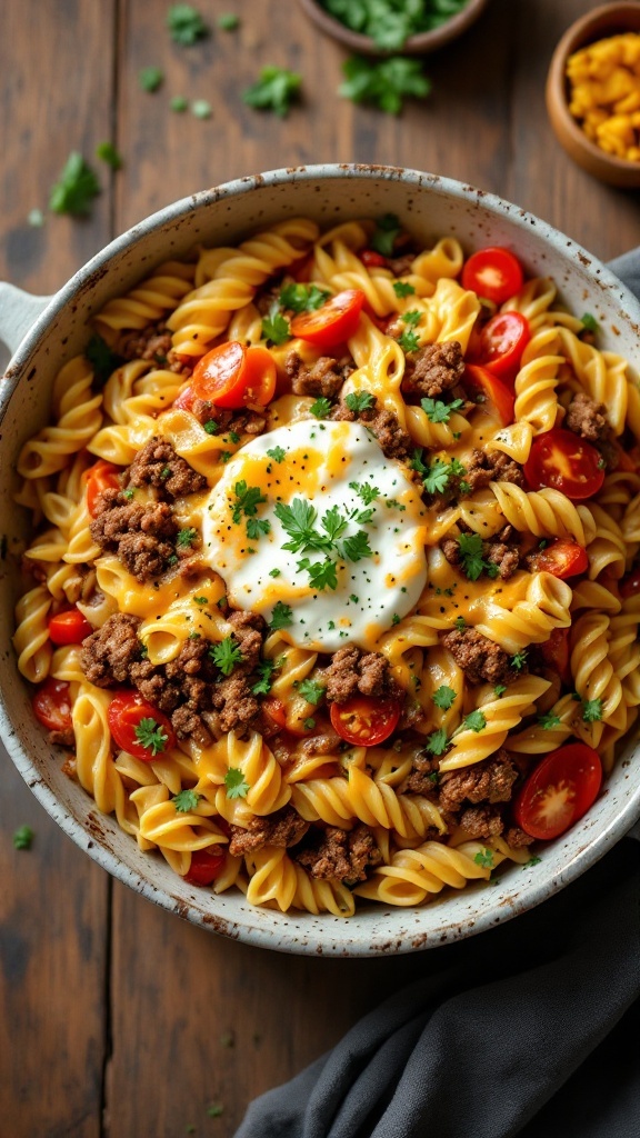 A delicious bowl of one pot cheeseburger pasta with ground beef, tomatoes, and cheese.