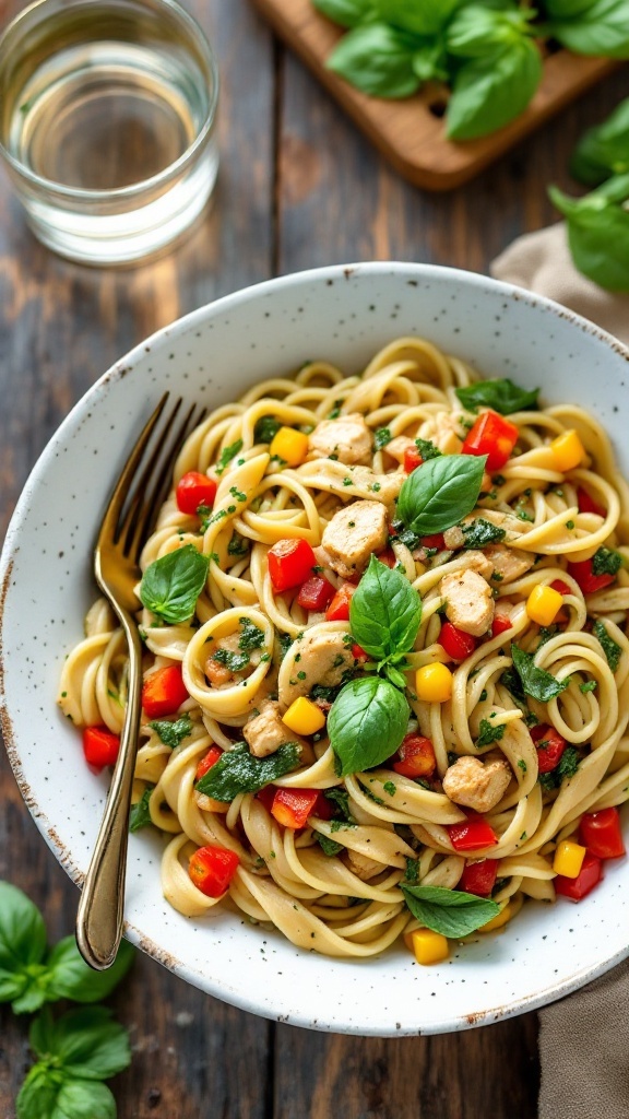 A bowl of chicken pesto pasta with colorful vegetables and fresh basil.