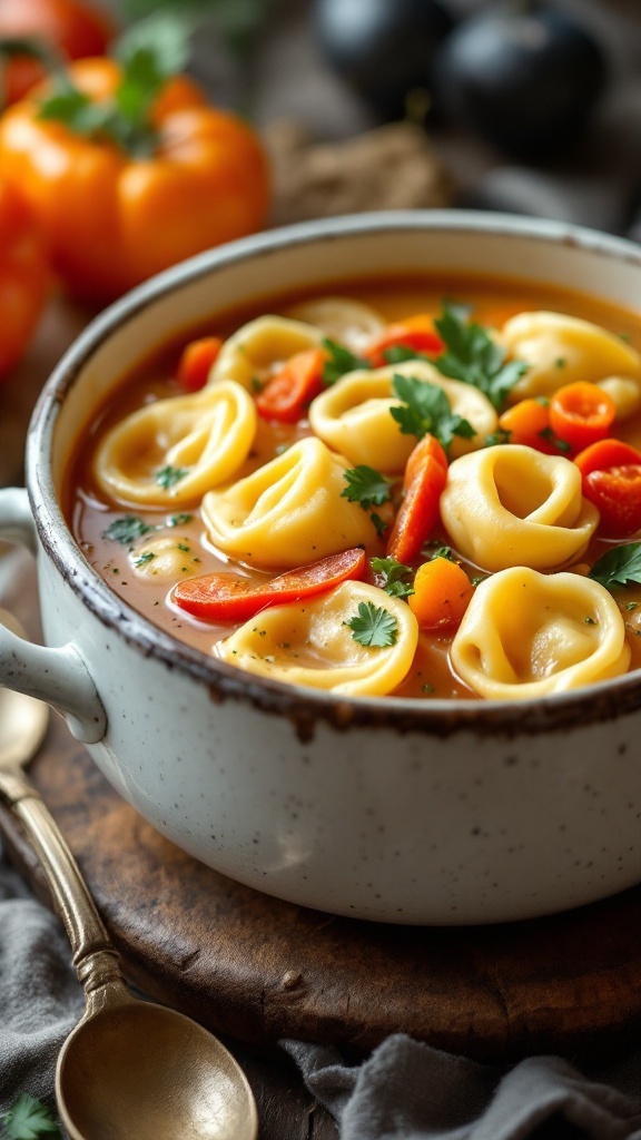 A bowl of creamy tortellini soup with vegetables, garnished with parsley.