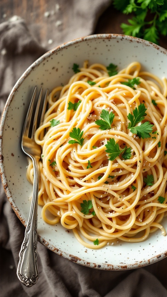 A bowl of garlic parmesan pasta garnished with parsley