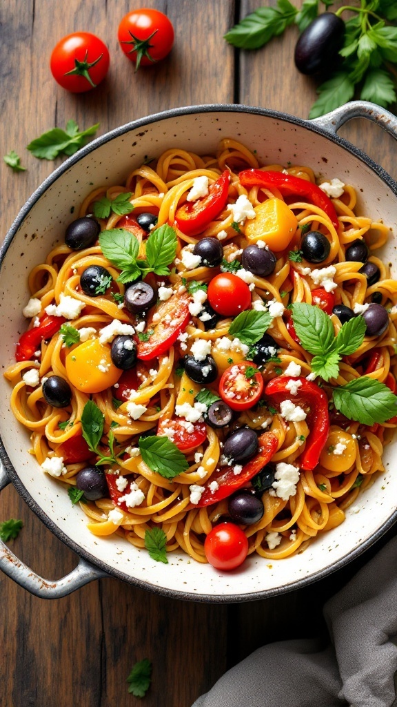 A colorful bowl of Greek pasta with tomatoes, olives, and herbs.