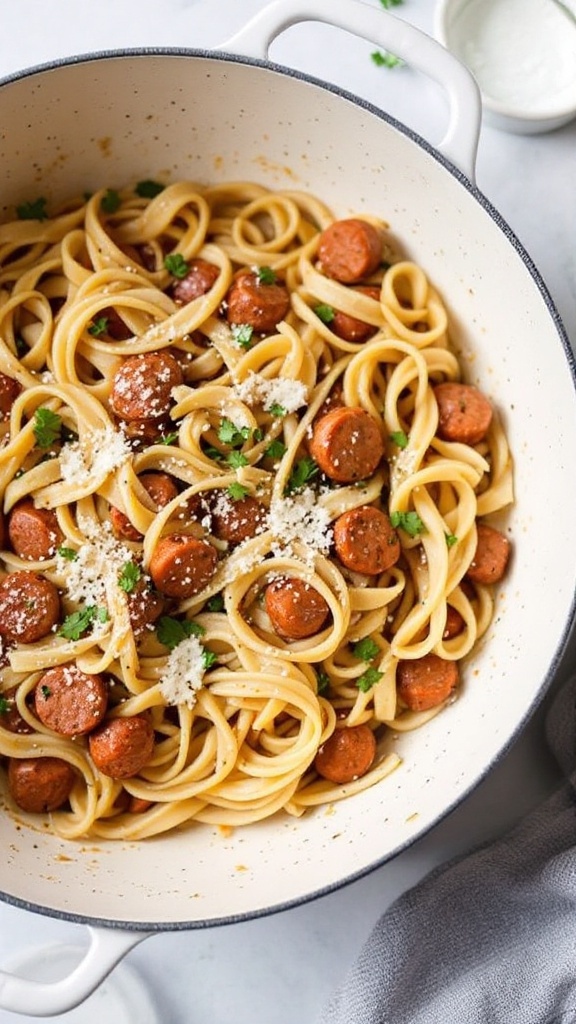 A bowl of One Pot Italian Sausage Pasta with fresh tomatoes and basil