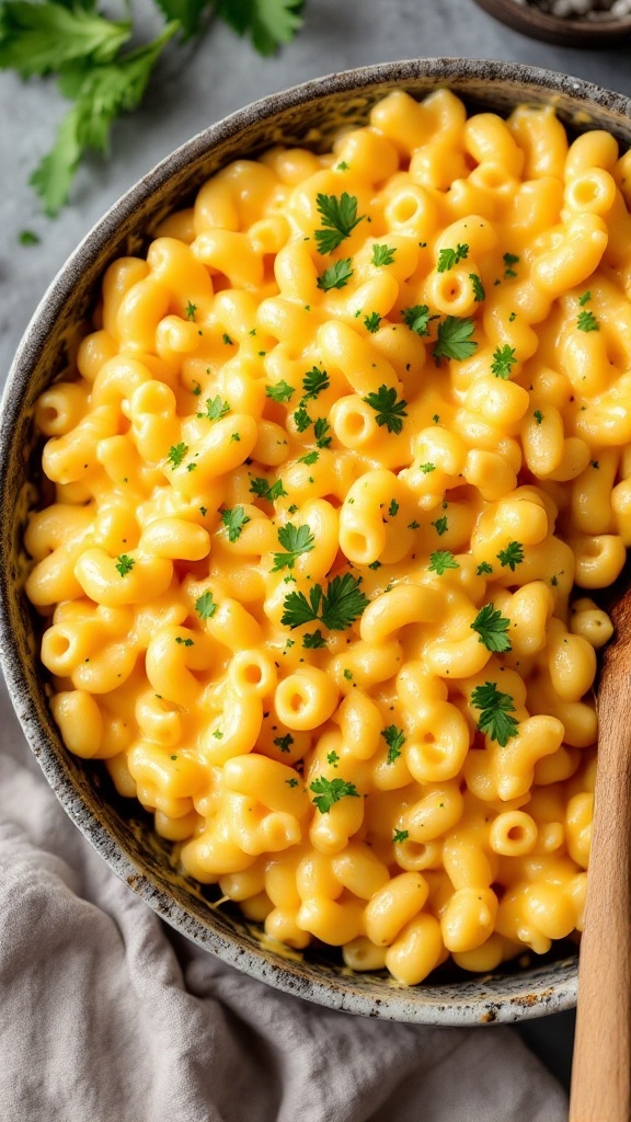 A creamy bowl of macaroni and cheese garnished with parsley