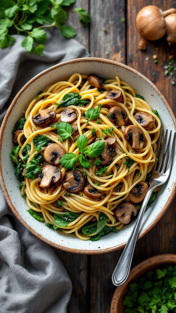 A bowl of pasta with mushrooms and spinach garnished with herbs