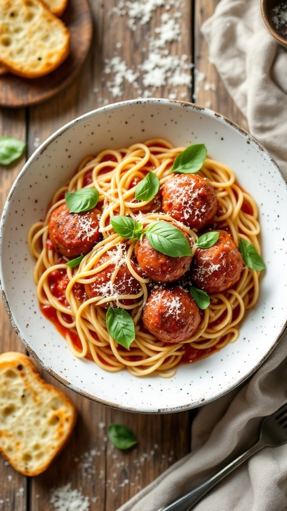 A bowl of spaghetti and meatballs topped with basil and Parmesan cheese.