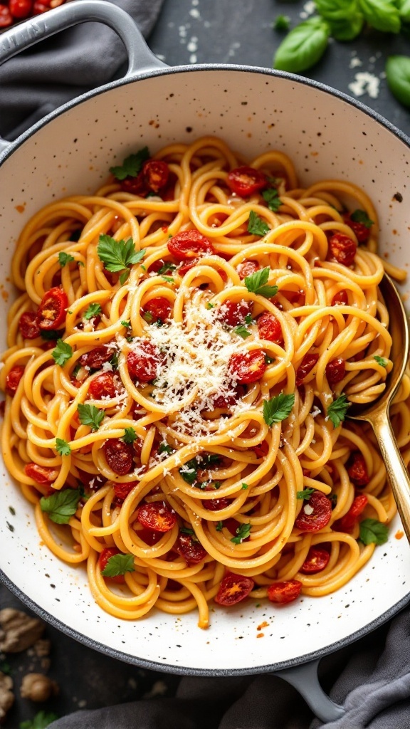 A bowl of sun-dried tomato pasta garnished with fresh basil and Parmesan cheese.