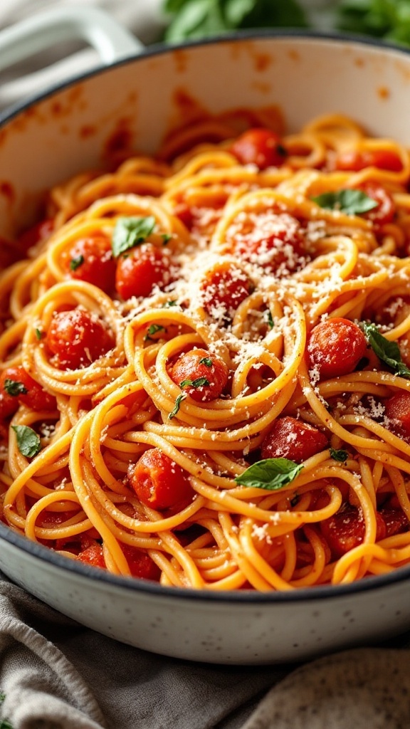 A serving of tomato basil pasta garnished with basil leaves and grated cheese.