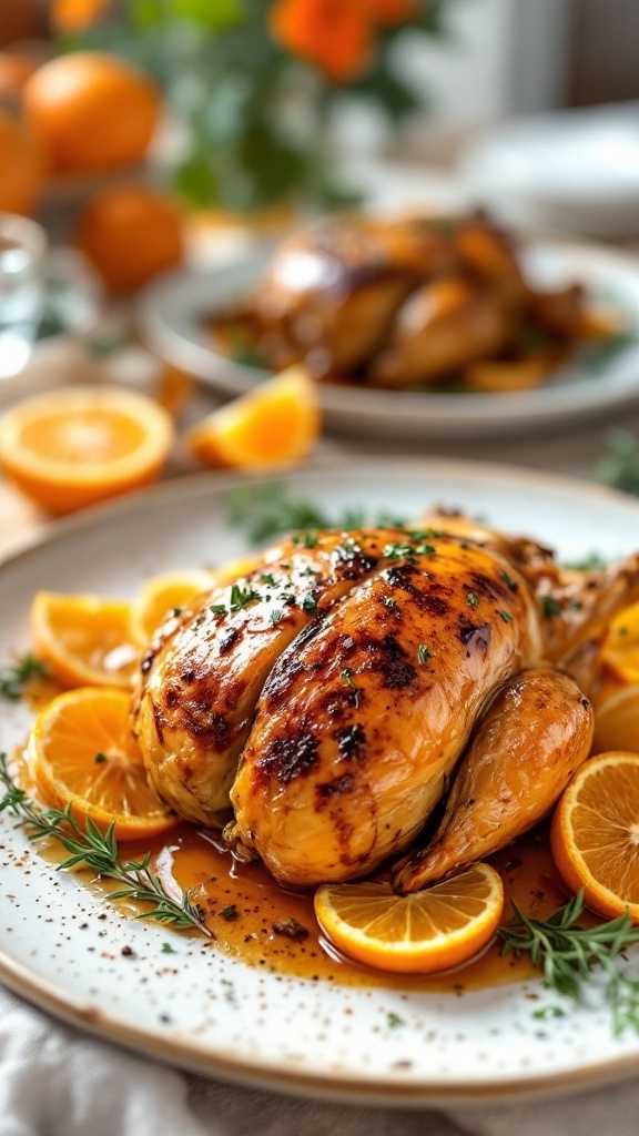 A beautifully roasted orange-glazed quail served with orange slices and herbs.