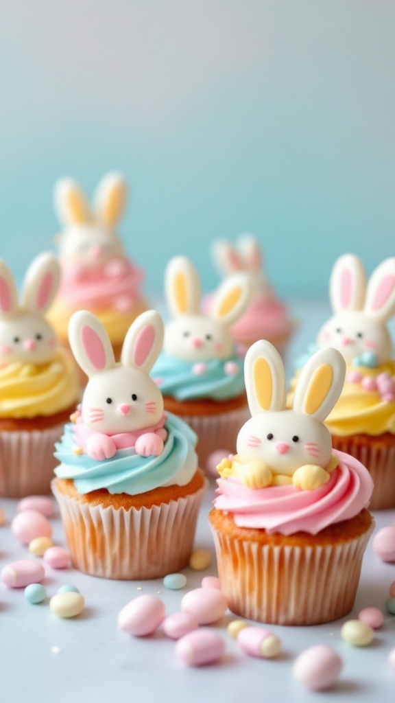 Pastel bunny cupcakes with colorful frosting on a speckled white surface.