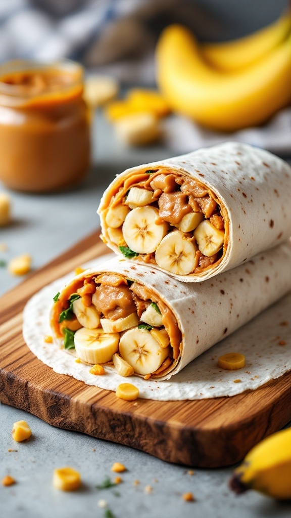 Peanut Butter Banana Wrap on a wooden board