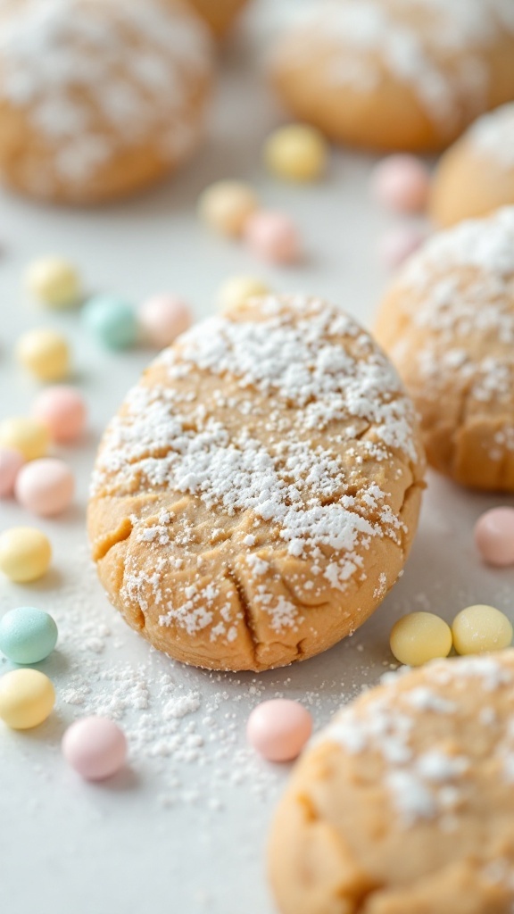 Peanut butter egg cookies dusted with powdered sugar