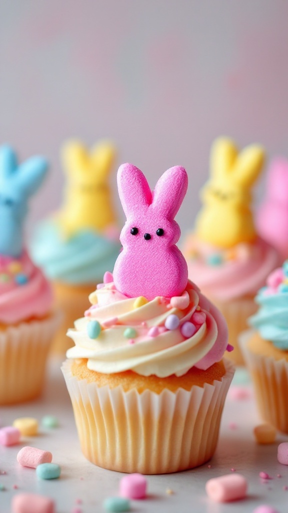 Colorful cupcakes topped with marshmallow Peeps and sprinkles on a speckled white surface