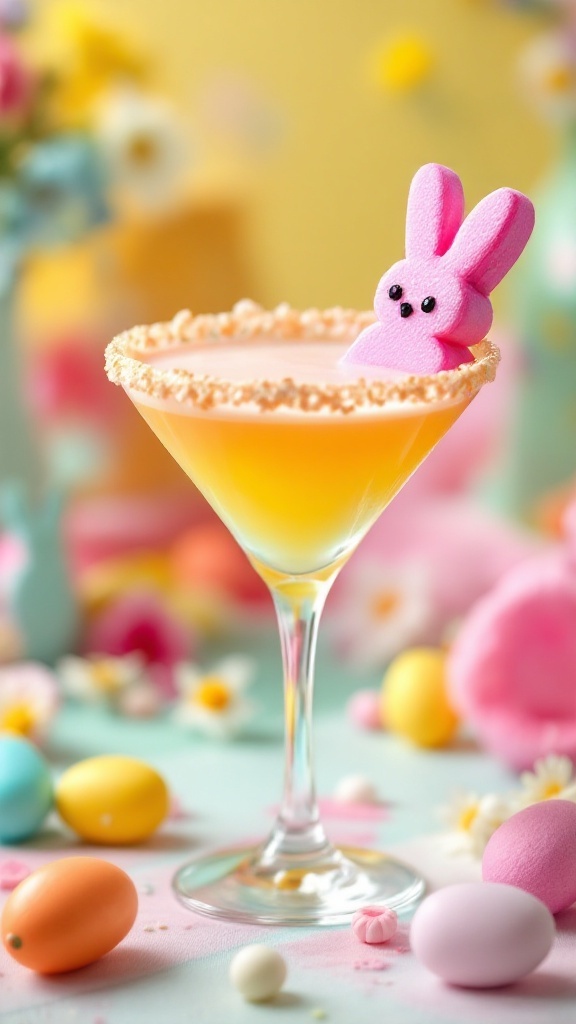 A vibrant Peeps Martini with a pink marshmallow bunny garnish and a graham cracker rim