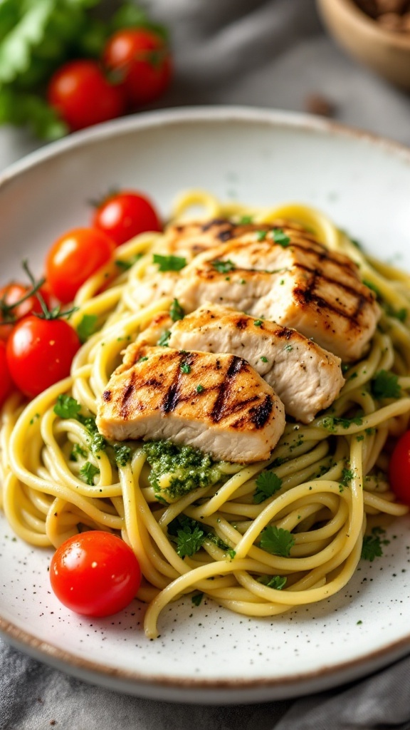 Pesto Pasta with Grilled Chicken, garnished with cherry tomatoes and fresh basil