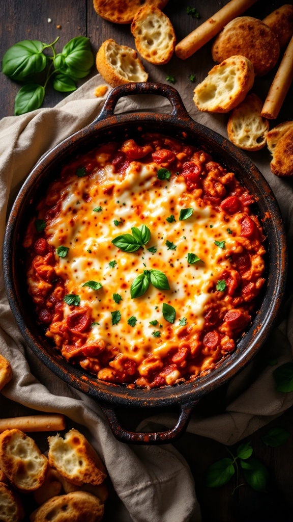 A warm, cheesy pizza dip served in a rustic dish with fresh herbs and crispy breadsticks on the side.