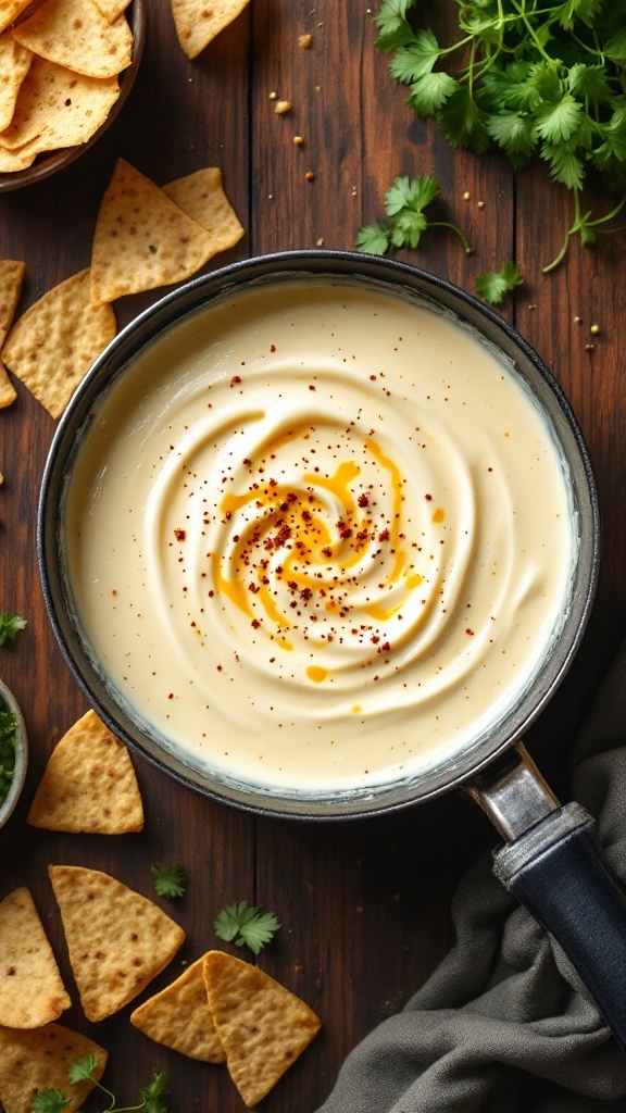 A creamy queso blanco dip in a pot surrounded by tortilla chips and fresh cilantro.