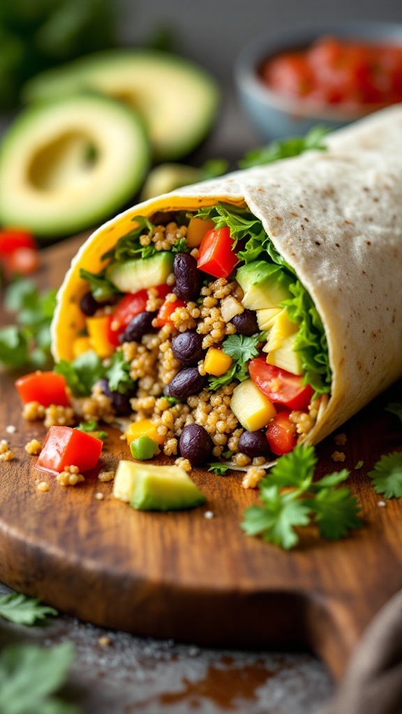 A colorful quinoa and black bean wrap filled with fresh vegetables, served on a wooden board.