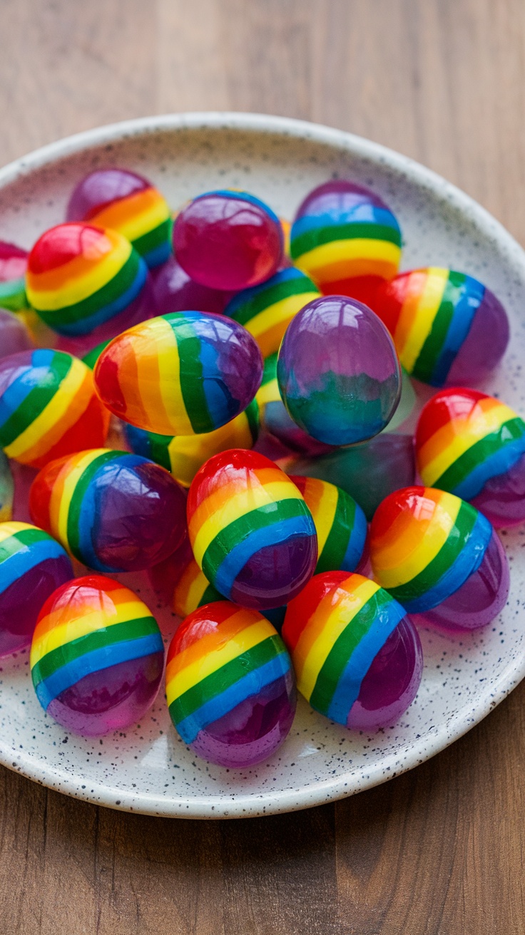 Colorful jello eggs arranged on a plate, perfect for Easter.