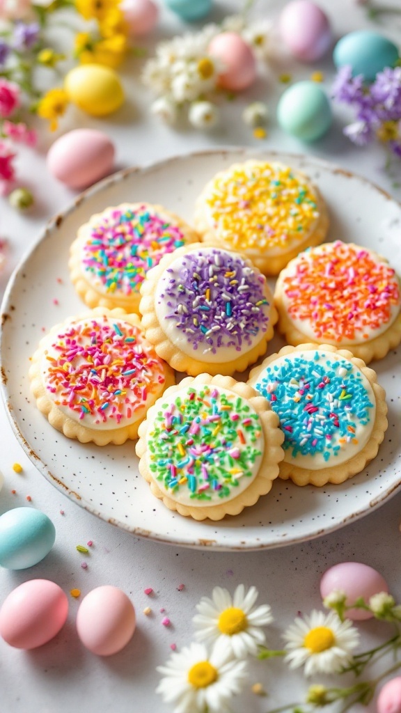 Colorful rainbow sprinkle sugar cookies on a plate