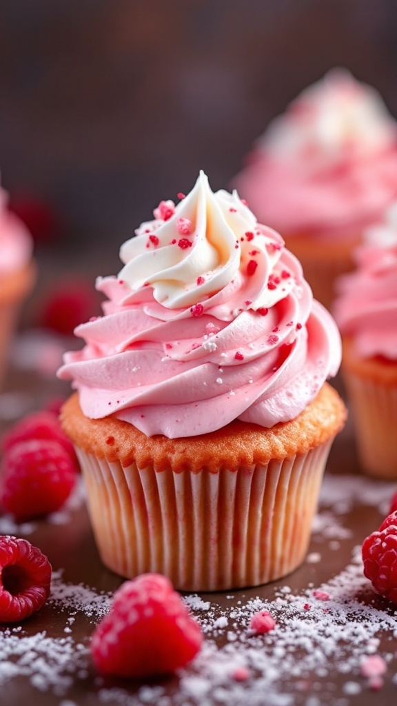 Delicious raspberry cream cupcakes with pink frosting and fresh raspberries.