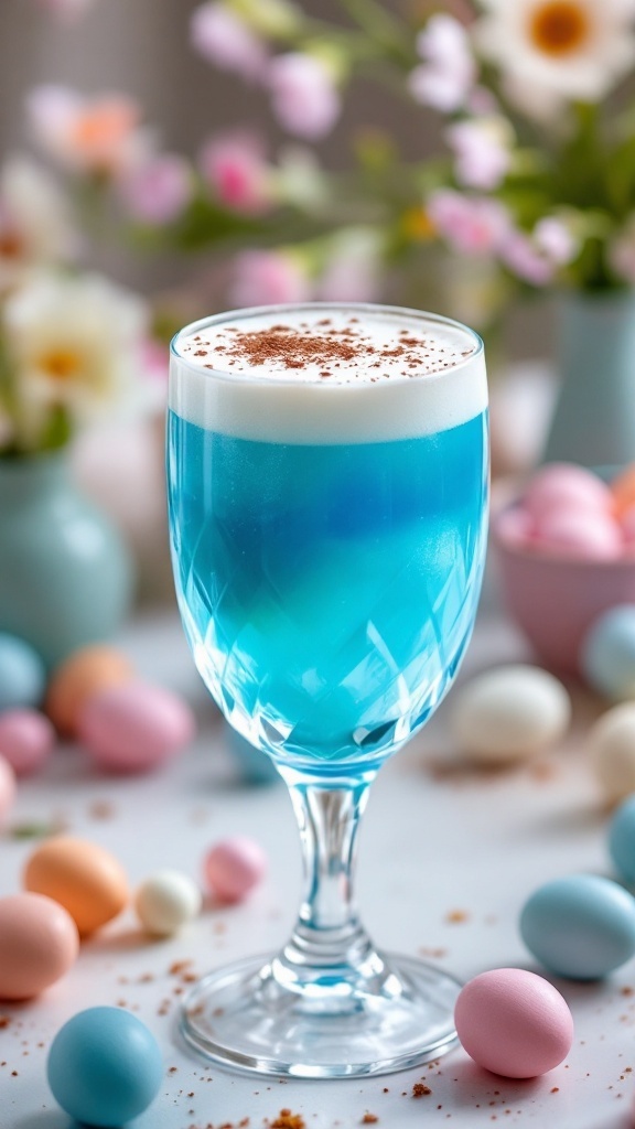 A colorful cocktail in a glass, showcasing a layered blue and white drink, garnished with cocoa powder.