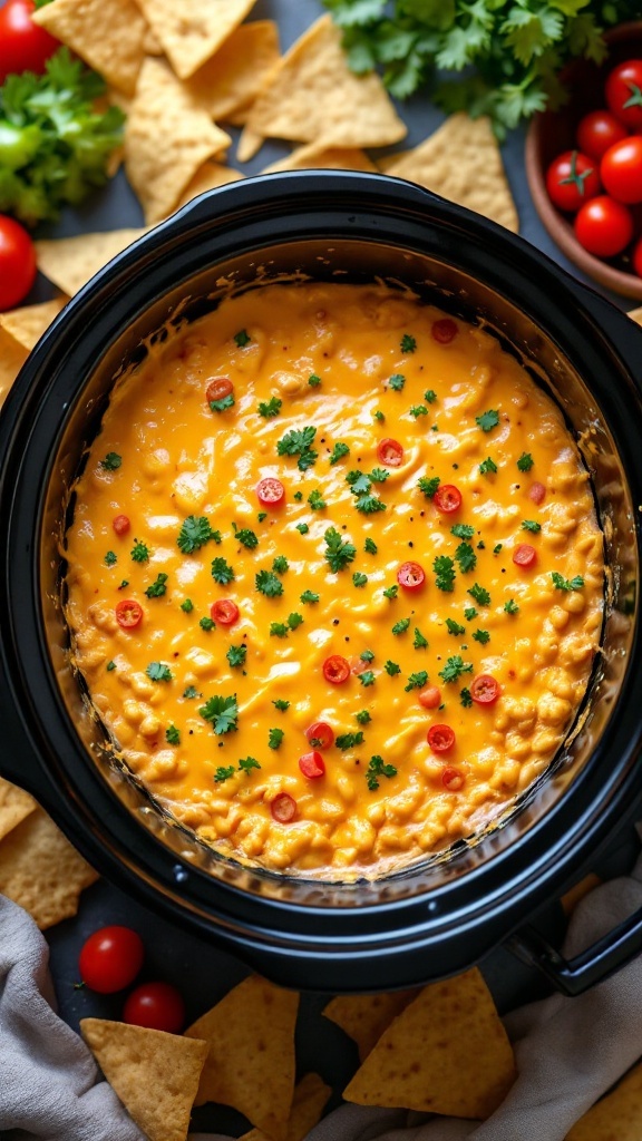 A creamy and cheesy dip with tomatoes and herbs, served with tortilla chips.