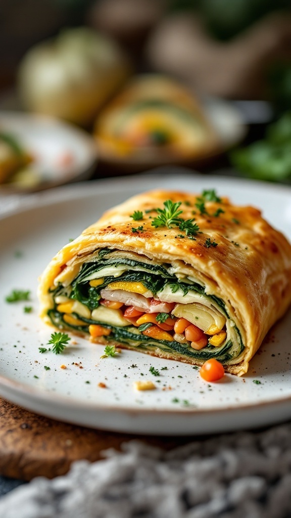 Savory vegetable strudel with a variety of colorful vegetables wrapped in flaky pastry.