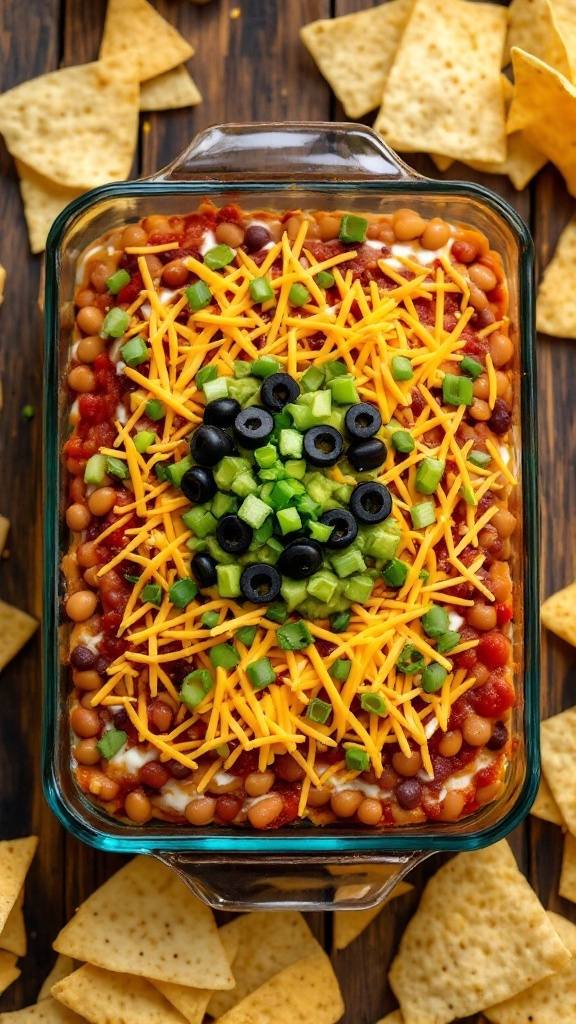 A colorful seven layer bean dip served with tortilla chips