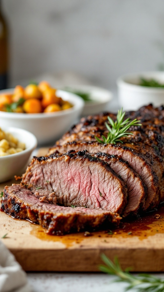 A beautifully sliced slow-roasted beef brisket served with sides