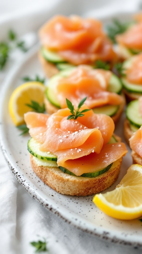 Smoked salmon and cucumber sandwiches on a plate garnished with lemon and herbs.