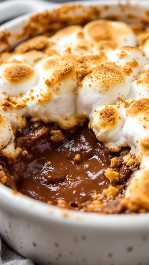 A delicious S'Mores dip in a crockpot served with graham crackers and strawberries.