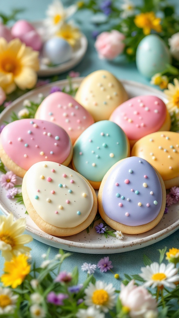 Colorful speckled egg sugar cookies decorated with icing and sprinkles