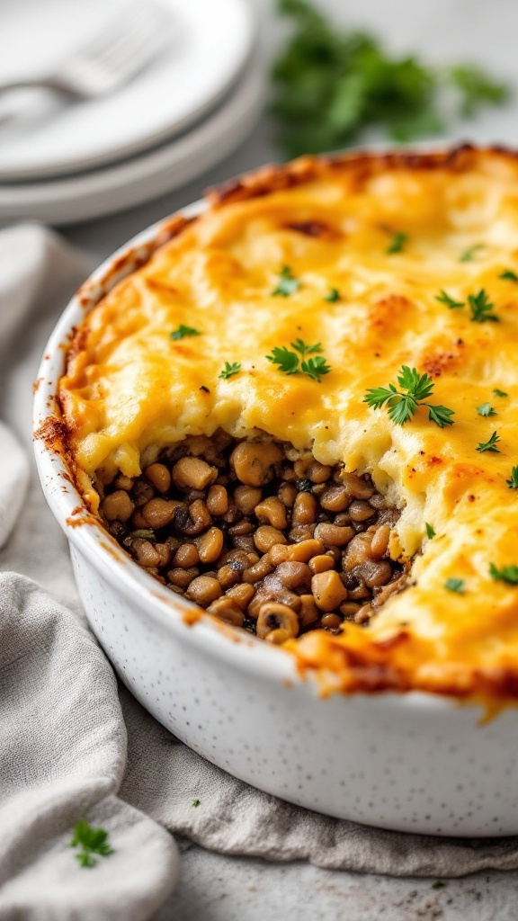 A delicious spiced lentil and mushroom shepherd's pie with golden mashed potato topping.