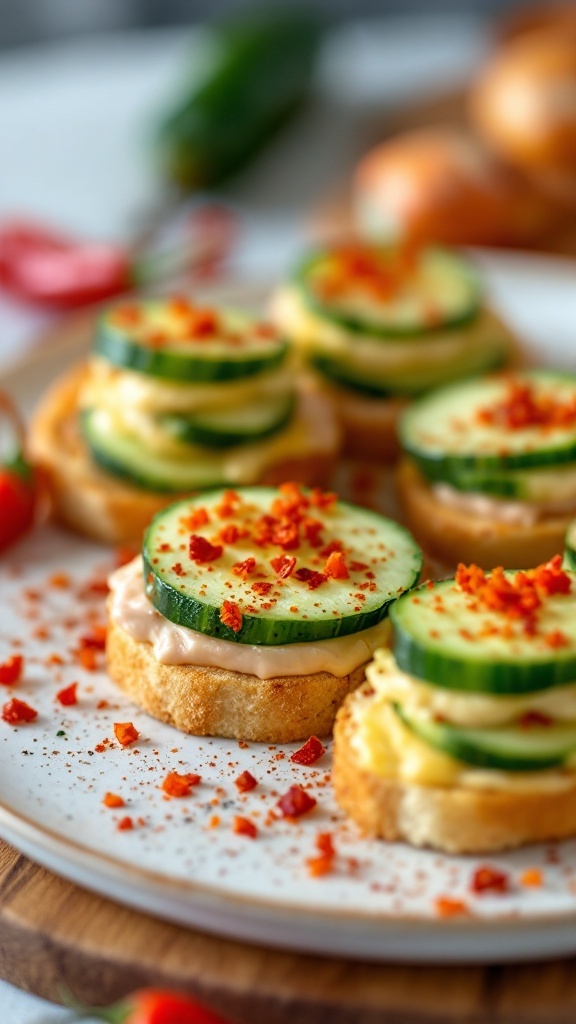 Spicy cucumber sandwiches with red pepper flakes