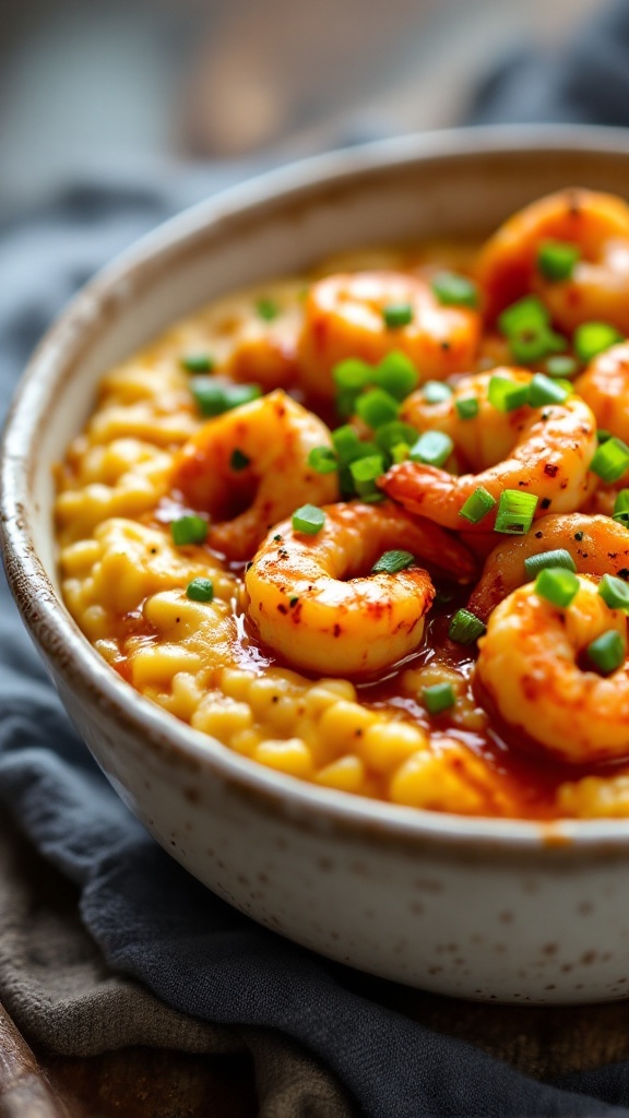 A bowl of spicy shrimp and grits topped with green onions.