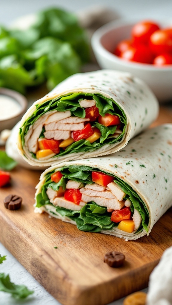 Spinach and turkey wrap with vegetables, cut in half and displayed on a wooden board.