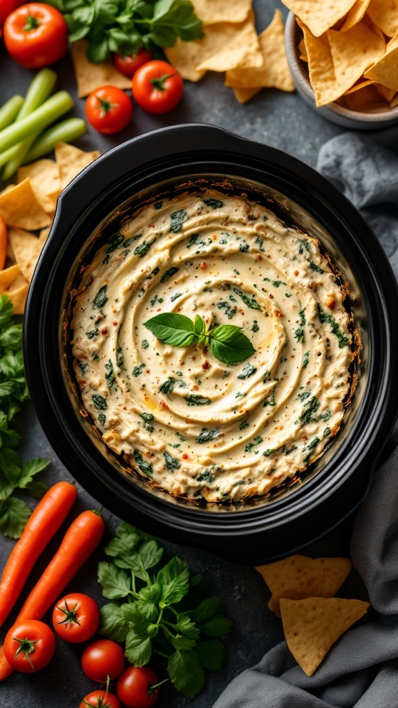 A delicious creamy spinach artichoke dip in a crockpot, surrounded by fresh vegetables and tortilla chips.