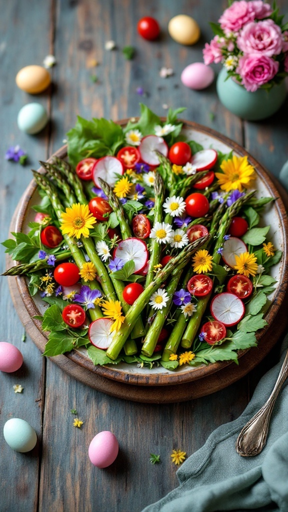 A colorful Spring Asparagus Salad with fresh vegetables and edible flowers.