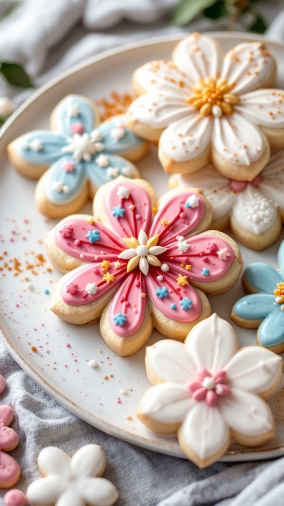 Colorful decorated spring flower cookies on a plate.