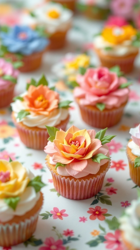 Cupcakes decorated with colorful flower designs on a speckled white surface