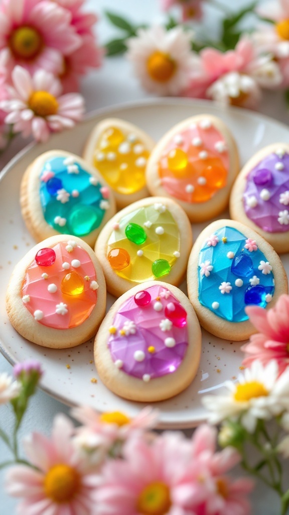 Colorful stained glass sugar cookies shaped like Easter eggs, decorated with small candies and flowers.