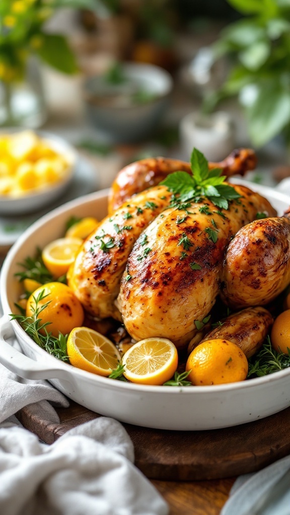 A beautifully roasted stuffed chicken with spinach and feta, garnished with herbs and lemon.