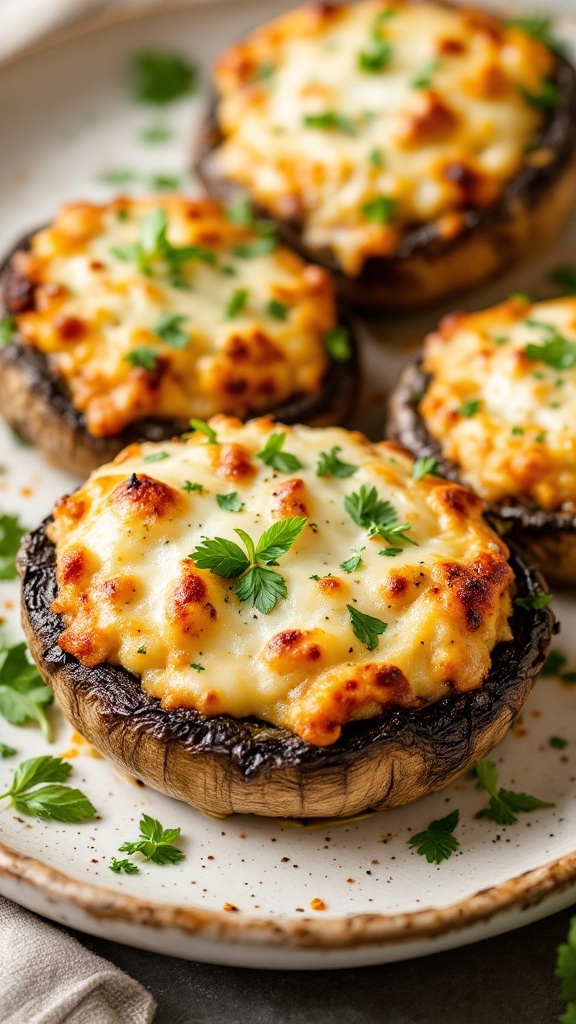 Stuffed Portobello mushrooms with cheese and herbs on a wooden board