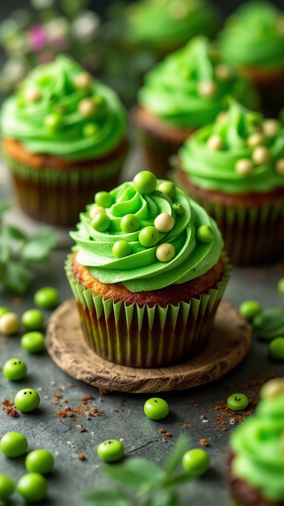 Sweet Pea Cupcakes with green frosting and edible peas on a speckled white surface