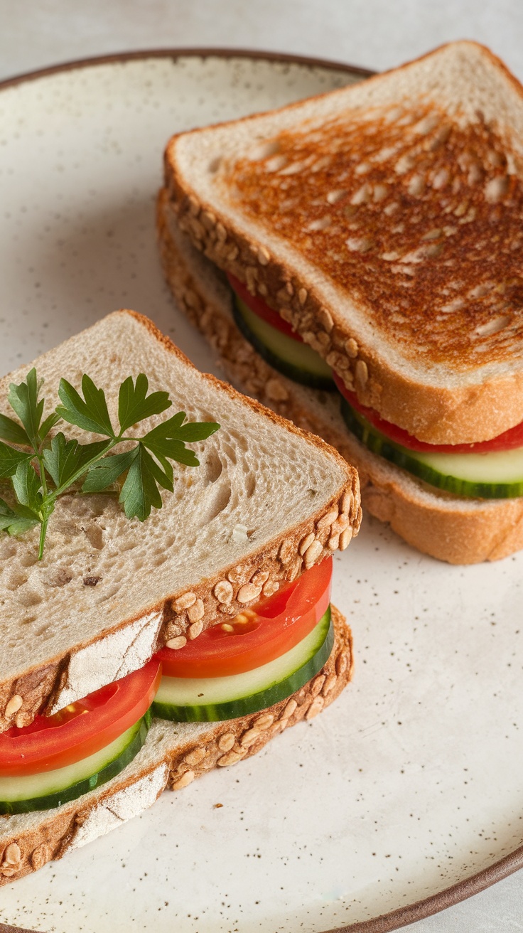 Delicious tomato and cucumber sandwiches with fresh basil on a plate